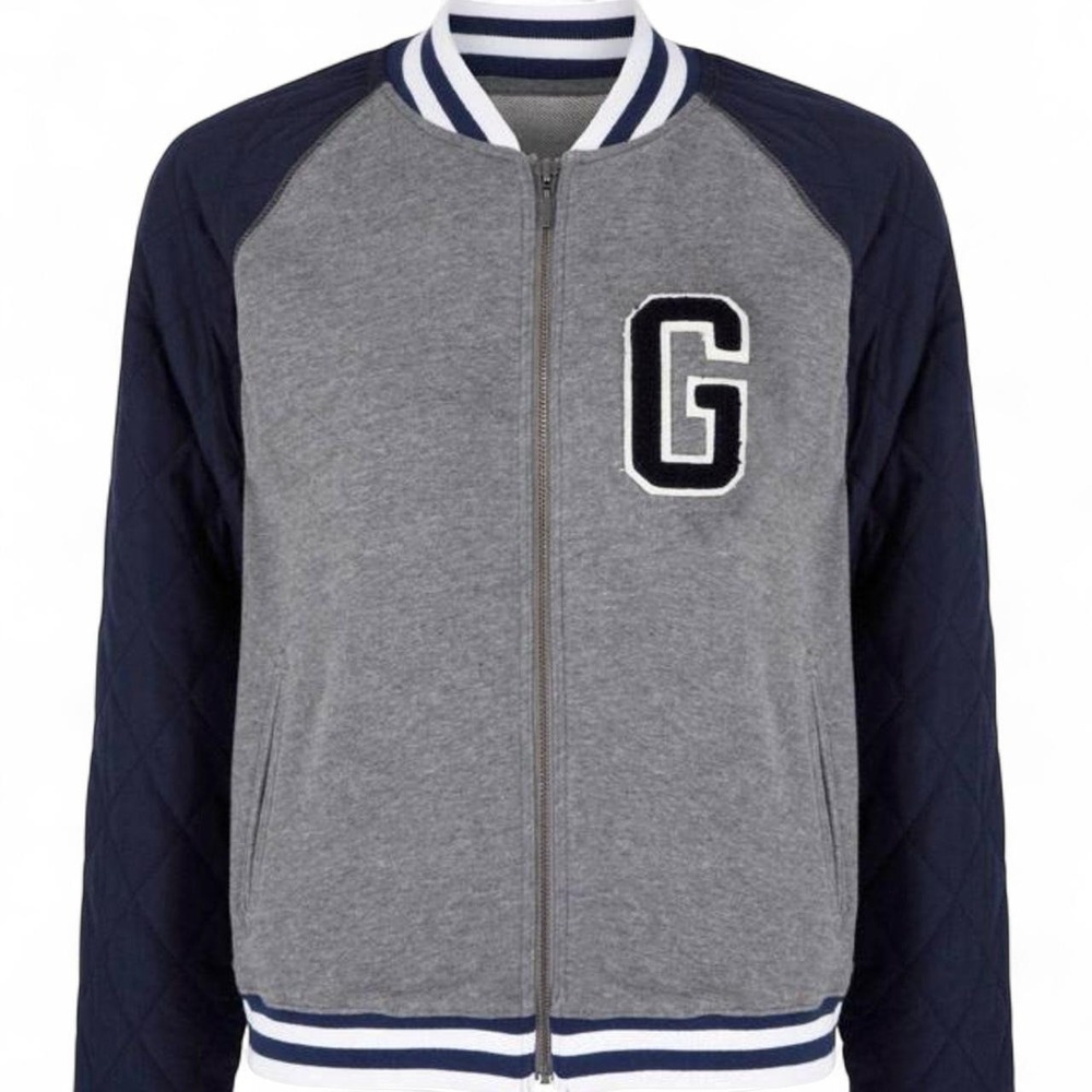 Gap Authentic Apparel Womens Varsity Bomber Jacket Grey Navy Quilted Sleeves M